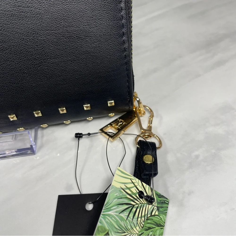 NEW Badgley Mischka Black Vegan Leather Square Studs Long Wallet Wristlet‎
